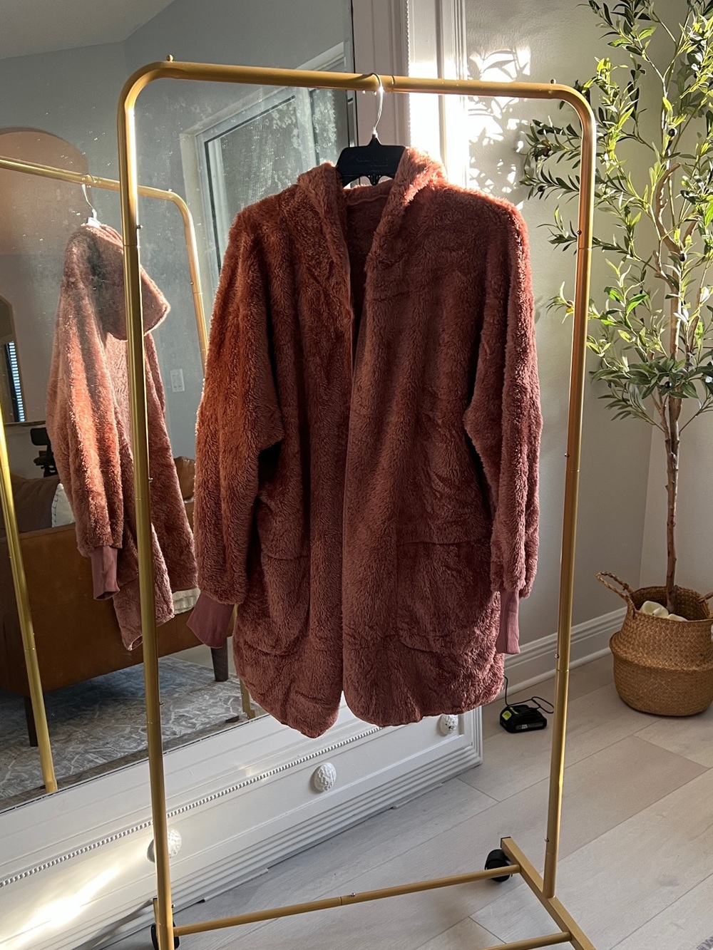 Plush Hooded Faux-Fur Coat in Dusty Rose